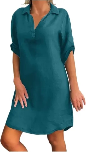 Women Shirt Dress Plus Size Rolled Sleeve Buttons V Neck T-Shirt Dresses Turn Down Collar Cotton Linen Short Dress