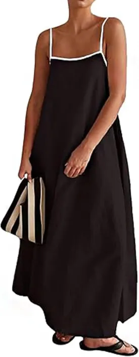 Womens Summer Linen Maxi Dress Contrast Trim Spaghetti Straps Backless Sleeveless Long Flowy Dresses